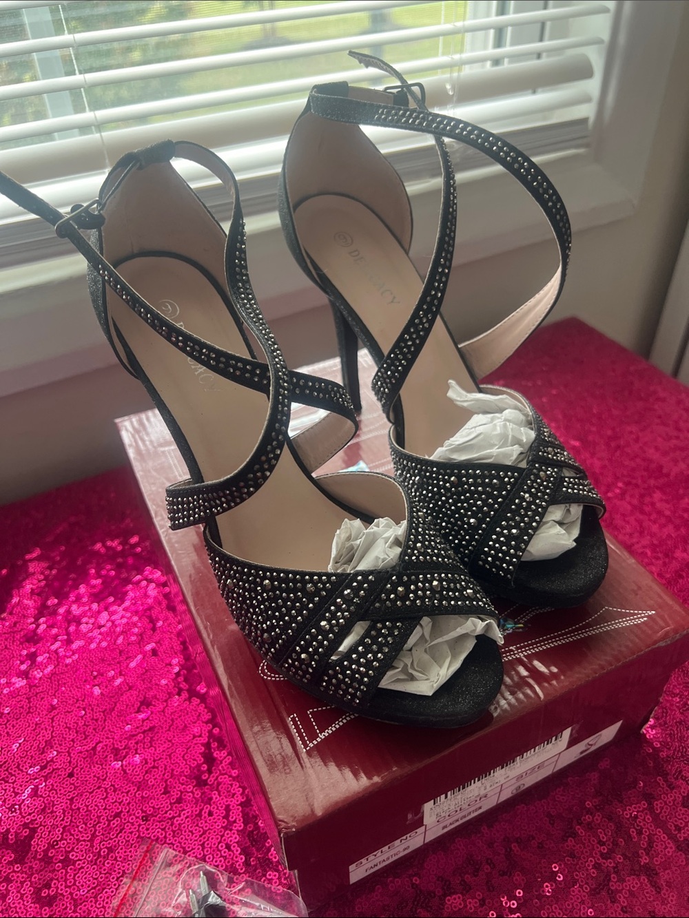 Delicacy Black Rhinestone Strappy High Heel Sandals